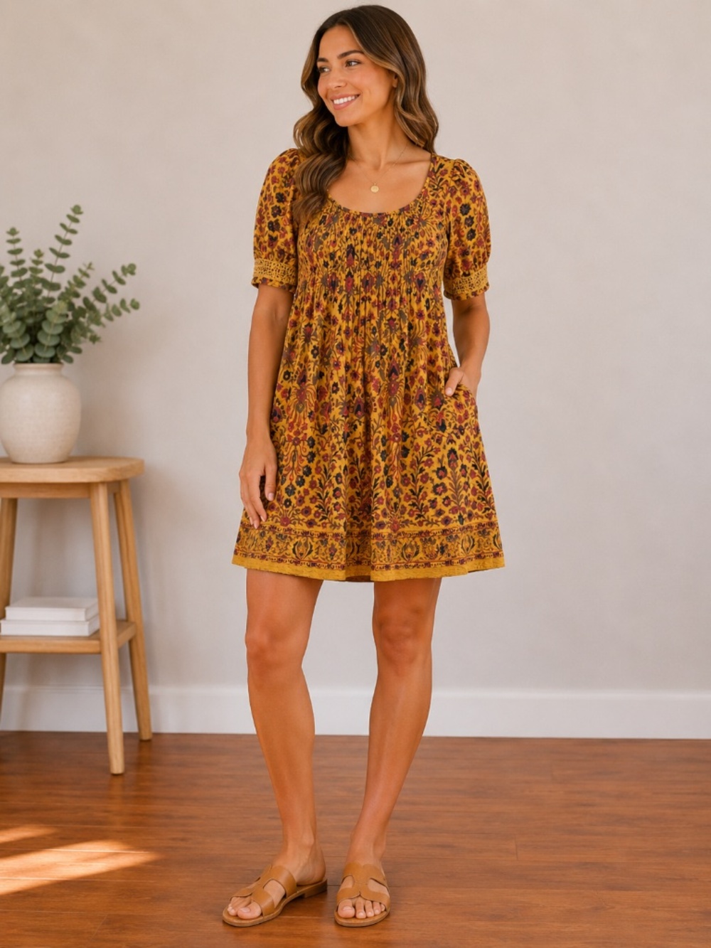 Ecote Women’s Mustard Yellow Boho Floral Babydoll Dress, size Medium